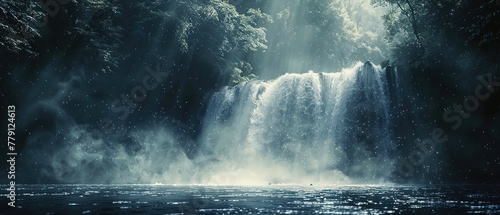 Waterfall in deep forest. Panoramic view of waterfall in deep forest