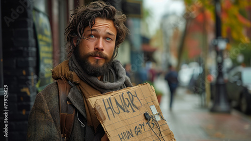 An handosme IT-guy faced guy with a dirty beard and good looking hair, begging on the street with cubblestone,generative ai