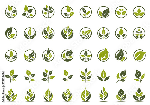 eco and organic icon set. green plant and leaves conceptual illustrations. isolated vector images in flat design