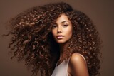 a realistic photo of African American female model with healthy curly hair for shampoo commercial