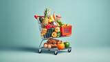 Supermarket shopping cart filled with groceries. Shopping cart full of food. Grocery and food store concept	