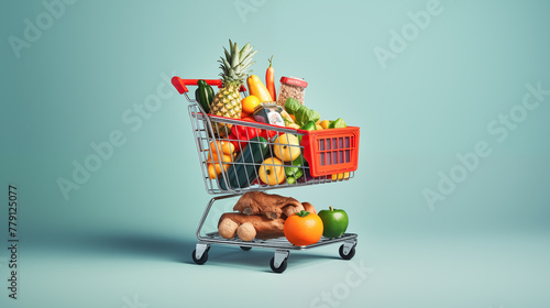 Supermarket shopping cart filled with groceries. Shopping cart full of food. Grocery and food store concept	 photo