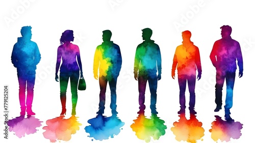 Multicolored Spectrum Silhouettes of People on White Background - Watercolor Abstract Art | Colorful, Vibrant, Diverse Crowd, Social Unity, Human Figures