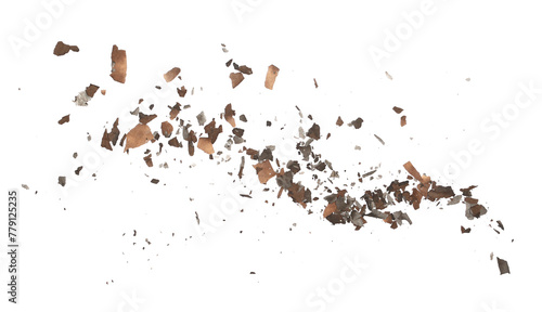 Obraz na plátně Charred paper scraps flying, scattered isolated on white texture, clipping