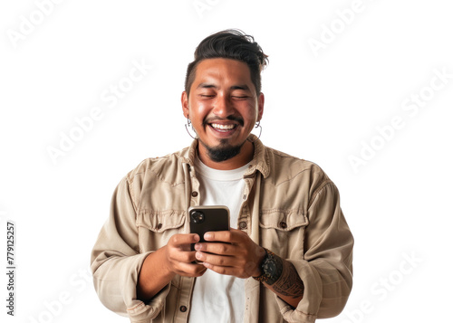 Native American Man Smiling with Smartphone