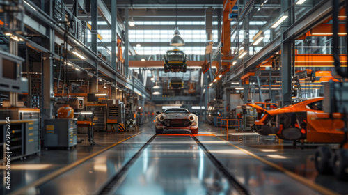 A busy automotive manufacturing research and development center with advanced manufacturing equipment and testing systems, currently empty but ready to innovate in the field of automotive engineering