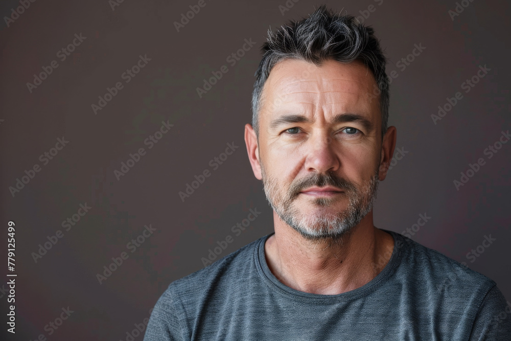 A man with gray hair and a beard is wearing a grey shirt A man with gray hair and a beard is wearing a grey shirt
