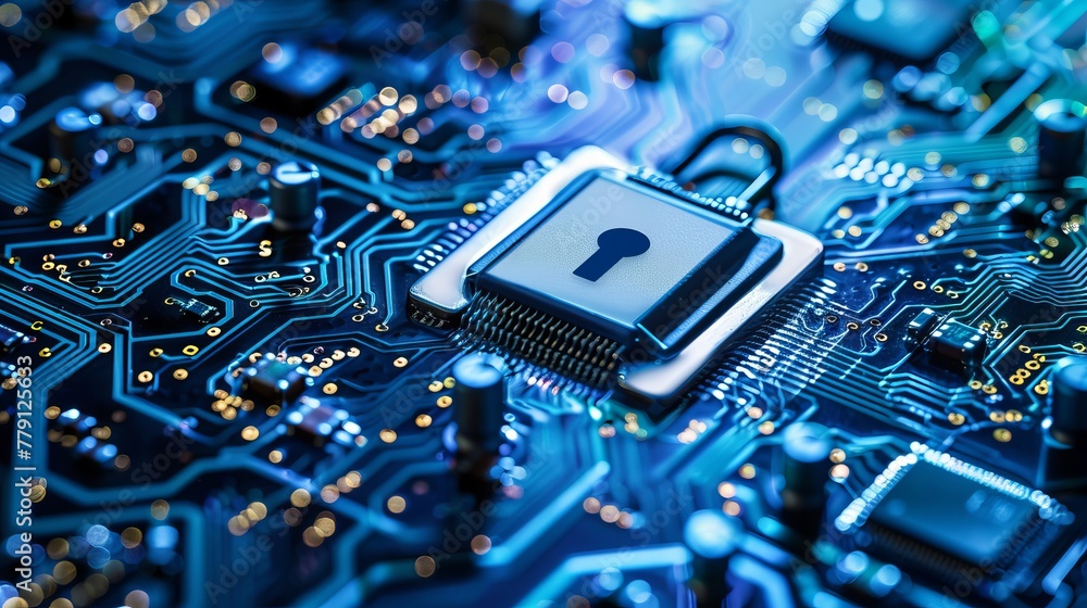 Microchip with padlock security concept Microchip with padlock security concept