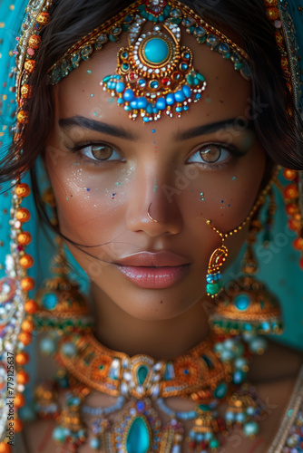 Indian woman with jewelry and makeup against a colorful background of turquoise,generative ai