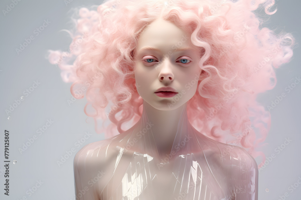 Fashion art portrait of beautiful woman with pink hair dressed in a futuristic style clothes of plastic Fashion art portrait of beautiful woman with pink hair dressed in a futuristic style clothes of plastic