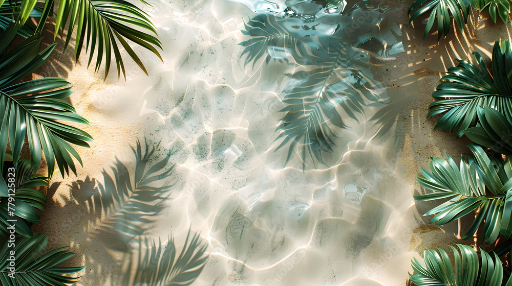 Aerial top view of the turquoise sea waves on the sand of wild beach. Green palm trees heads in grove with no people. Aerial top view of the turquoise sea waves on the sand of wild beach. Green palm trees heads in grove with no people.