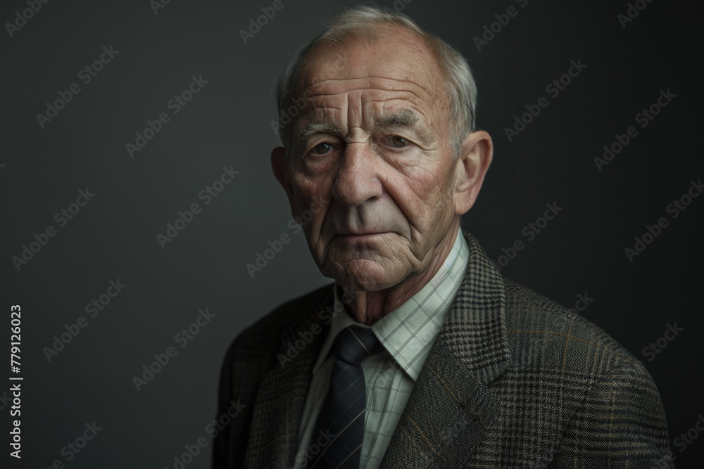 An older man in a suit and tie looks at the camera