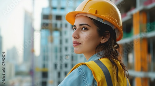Woman in hard hat standing outside building © Ananncee Media