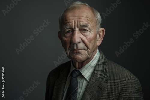 An older man in a suit and tie looks at the camera