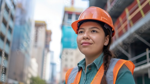 A woman in safety gear, including a hard hat and safety vest, standing outdoors