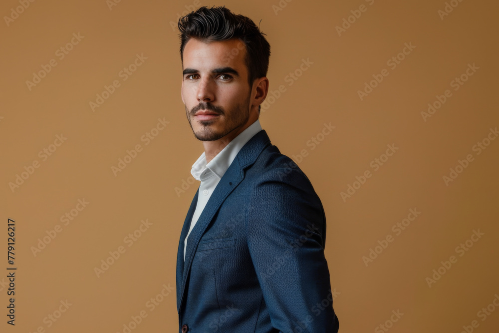 A man in a suit and white shirt looks over his shoulder A man in a suit and white shirt looks over his shoulder
