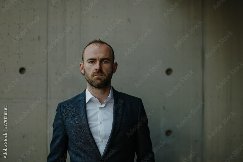 A man in a suit and white shirt stands in front of a concrete wall A man in a suit and white shirt stands in front of a concrete wall