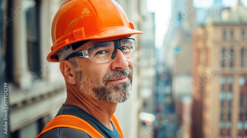 A man wearing a hard hat and safety glasses
