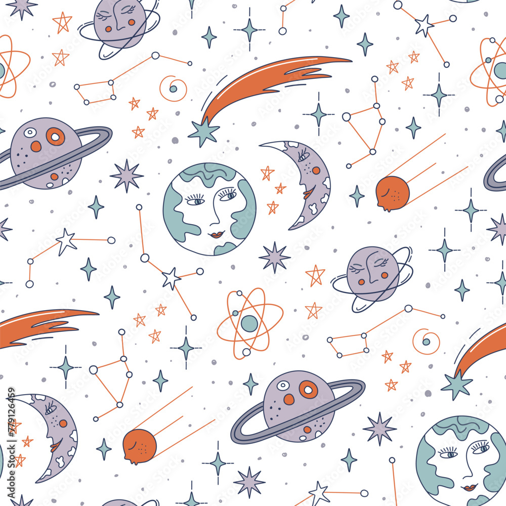 Cute seamless pattern with astronomy symbols for kids. Outer space colorful background. International day of human space flight. Doodle style vector illustration. - obrazy, fototapety, plakaty 