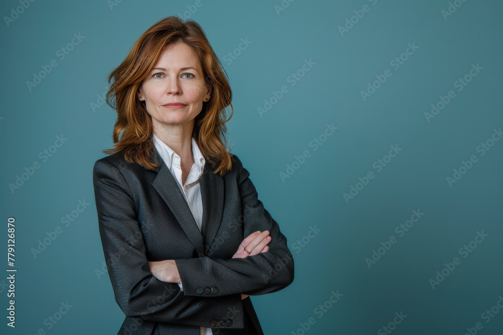 A woman in a suit stands with her arms crossed A woman in a suit stands with her arms crossed