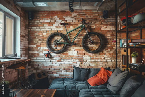 Sport bike hanging on wall in apartment. Functional living space. Stylish room interior photo