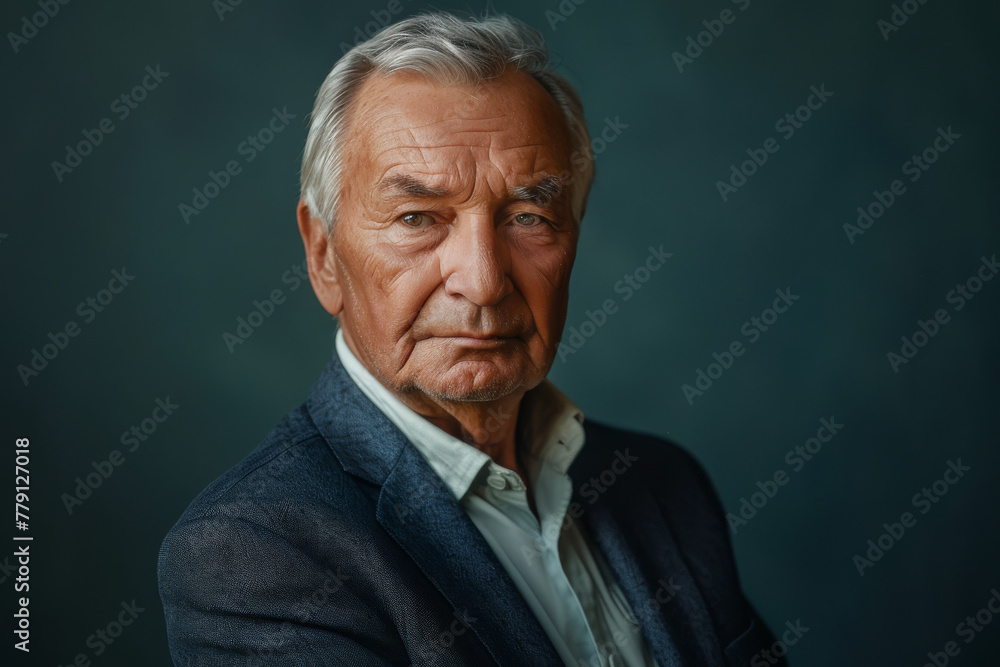 A man with gray hair is wearing a blue jacket and white shirt