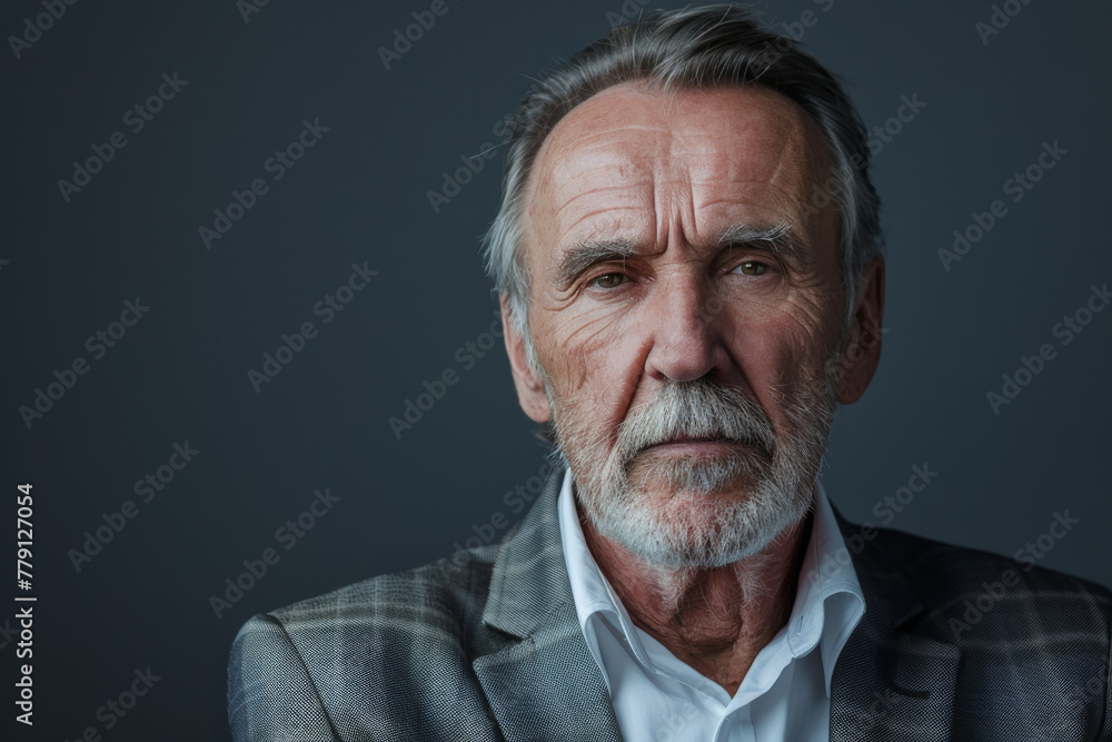 A man with gray hair and a beard looks at the camera A man with gray hair and a beard looks at the camera