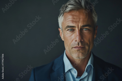 A man with gray hair and blue eyes looks at the camera