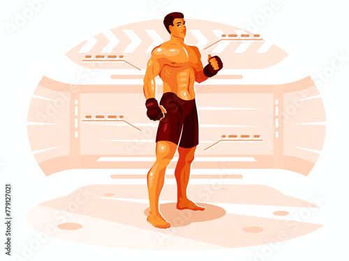 MMA fighter in gloves stands in the center of the octagon. Vector graphics