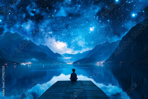 A peaceful repose in the sky, surrounded by the night's magic, copy space to inspire nighttime reflections