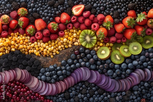 Colorful array of assorted fruits arranged in a wavy formation, illustrating the natural charm and diversity of fruits.