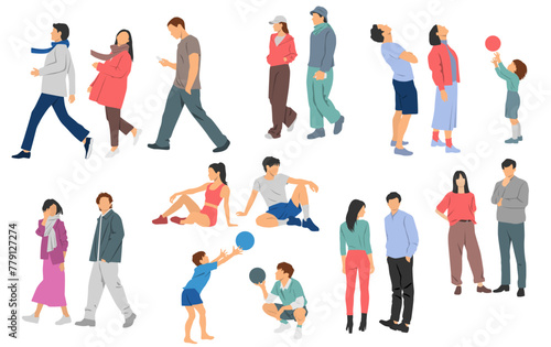 Men, women, teenagers and children standing, walking, sitting, different colors, cartoon character, group  silhouettes rest people, students, design concept of flat icon, isolated on white background