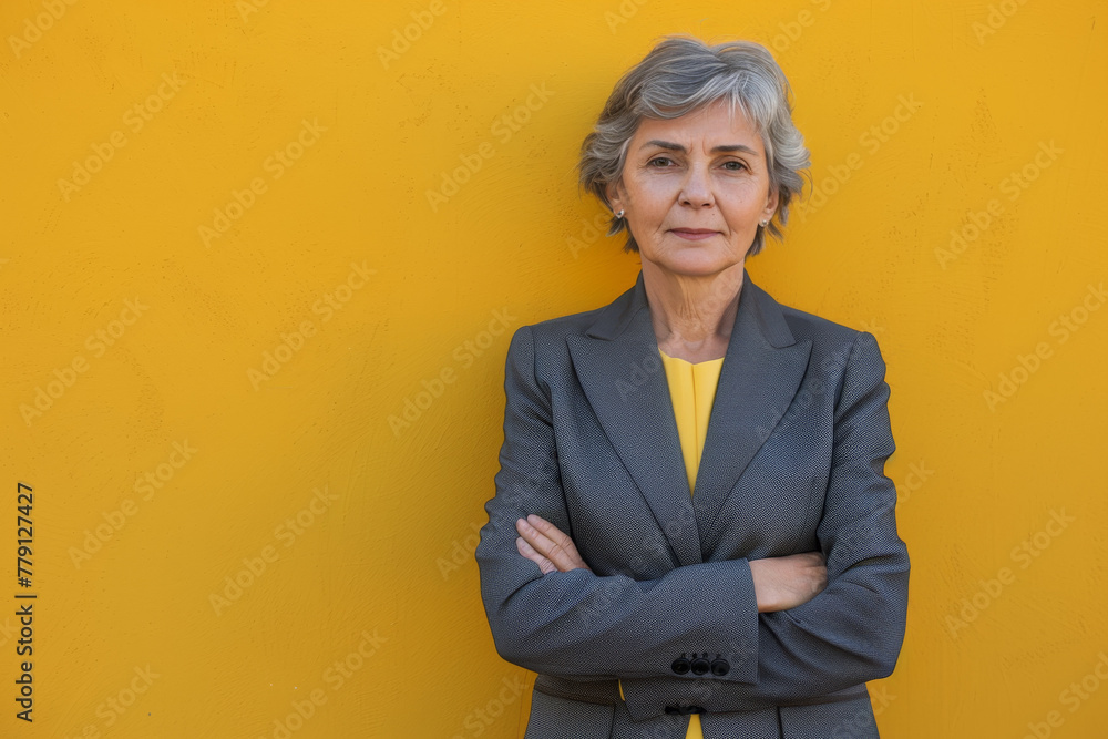 A woman with her arms crossed stands in front of a yellow wall A woman with her arms crossed stands in front of a yellow wall