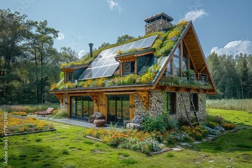 A small eco-friendly cozy house immersed in greenery. A charming sanctuary nestled amidst lush greenery, where nature embraces this eco-friendly haven. © Stavros