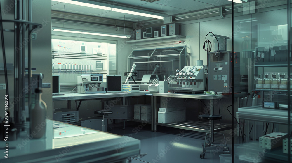 A state-of-the-art biotech analytical testing laboratory with advanced analytical instruments and validation equipment, momentarily unoccupied but ready to analyze biologic samples for quality control A state-of-the-art biotech analytical testing laboratory with advanced analytical instruments and validation equipment, momentarily unoccupied but ready to analyze biologic samples for quality control