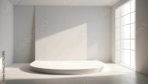 Empty simple background for presentation with wall and podium. Sunlight from the window casts a shadow on light wall. Blank stage with soft shadows and light mockup copy space.