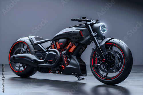 Matte Black High-performance Motorcycle with Vibrant Red Accents Displayed in Minimalist Setting © Michael