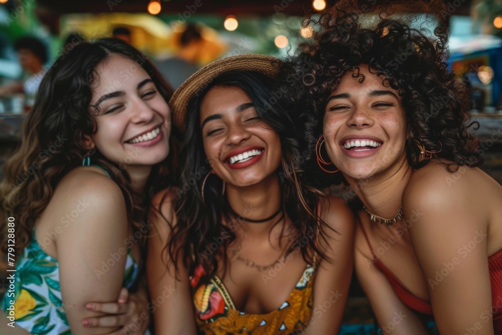 Portrait of three women of different nationalities smiling in a bar on a summer day Portrait of three women of different nationalities smiling in a bar on a summer day