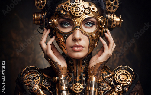 A woman with blue eyes wearing a futuristic steampunk costume and protective mask made of gears.