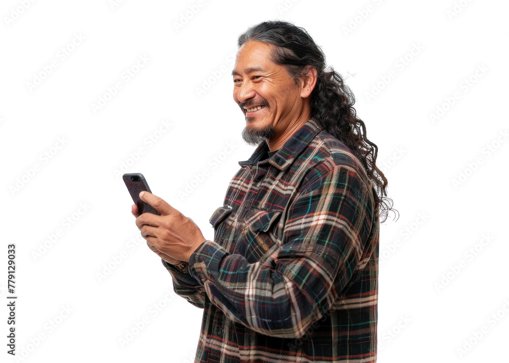 Native American Man Smiling with Smartphone Native American Man Smiling with Smartphone