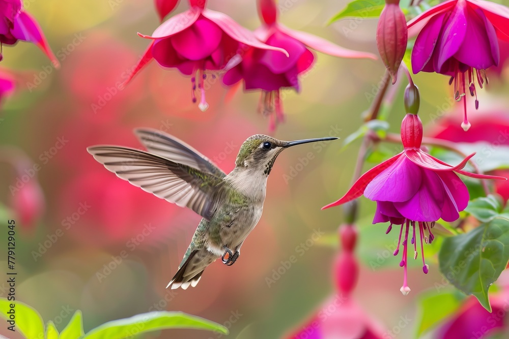 Naklejka premium Hummingbird with red flowers and fuchsia, nature background,close up