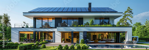 A charming house with a sleek solar panel on the roof, harnessing renewable energy to power the home