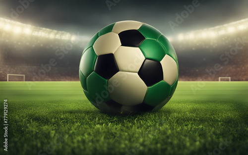 A soccer ball in sharp focus on a lush green field  symbolizing teamwork and passion  with a defocused stadium in the background