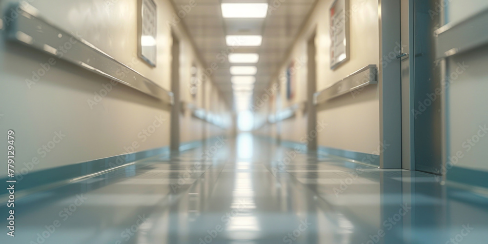 Immagine serena e sfocata di un corridoio d'ospedale vuoto, immerso in una luce fresca e rasserenante.
