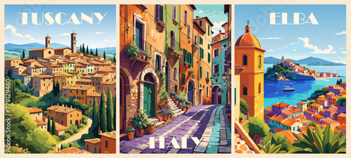 Set of Italy Travel Destination Posters in retro style. Tuscany, Elba Island, Old Town street digital prints. European summer vacation, holidays concept. Vintage vector colorful illustrations. photo