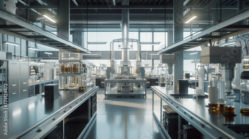 A modern food packaging testing laboratory with testing machines and quality control equipment, momentarily still but ready to ensure the strength and integrity of food packaging materials