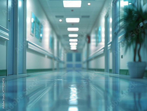 Immagine serena e sfocata di un corridoio d ospedale vuoto  immerso in una luce fresca e rasserenante.