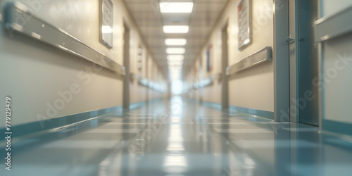 Immagine serena e sfocata di un corridoio d'ospedale vuoto, immerso in una luce fresca e rasserenante.