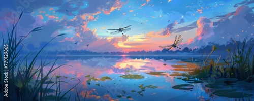 Anime-style illustration of dragonflies flying over a tranquil pond at twilight
