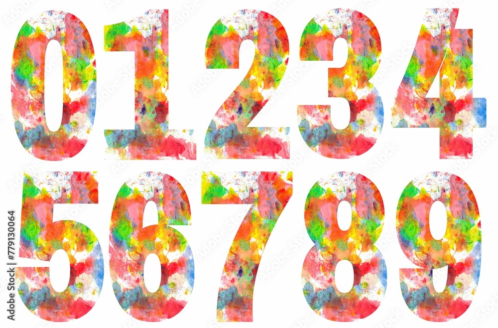 Colorful numbers designs on white background. Beautiful multicolored numbers design decorated from 0 to 9..